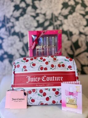 Juicy Couture Red & White Cherry Print Cosmetic Case NWT incl travel bottle